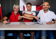 Fabio Di Giannantonio (center) with Ducati CEO Claudio Domenicali (right) and Ducati Corse General Manager Gigi Dall'Igna (left). Photo courtesy Ducati.