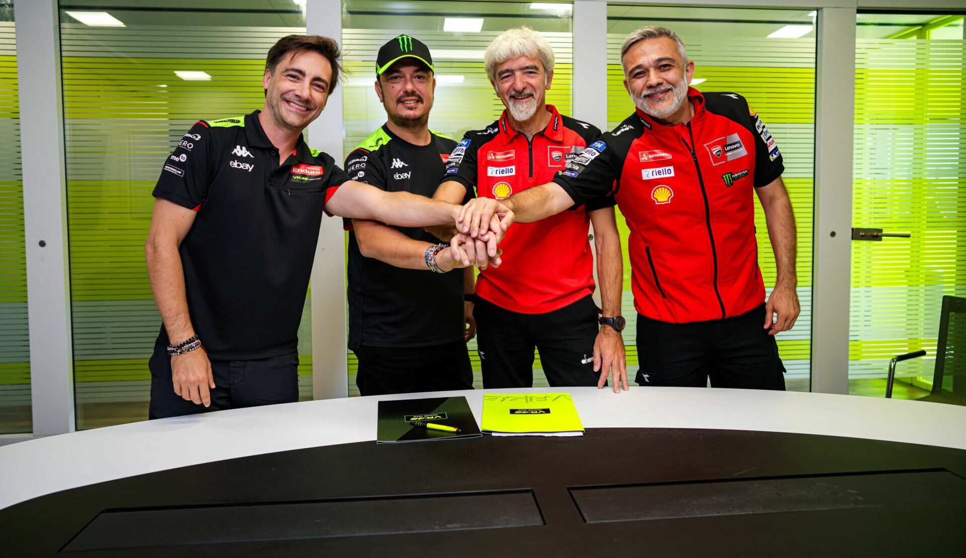 (From left) VR46 Racing Team Manager Pablo Nieto, VR46 Racing Team Director Alessio Salucci, Ducati Corse General Manager Gigi Dall'Igna, and Ducati Corse Sporting Director Mauro Grassilli. Photo courtesy Ducati.