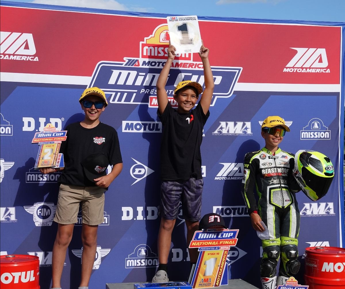 (From left to right) The Stock 110 podium with second-placed Blake Sorrentino, champion Gabriel Datis third-placed Christian Berlowitz. Photo by Larry Lawrence, courtesy MotoAmerica.