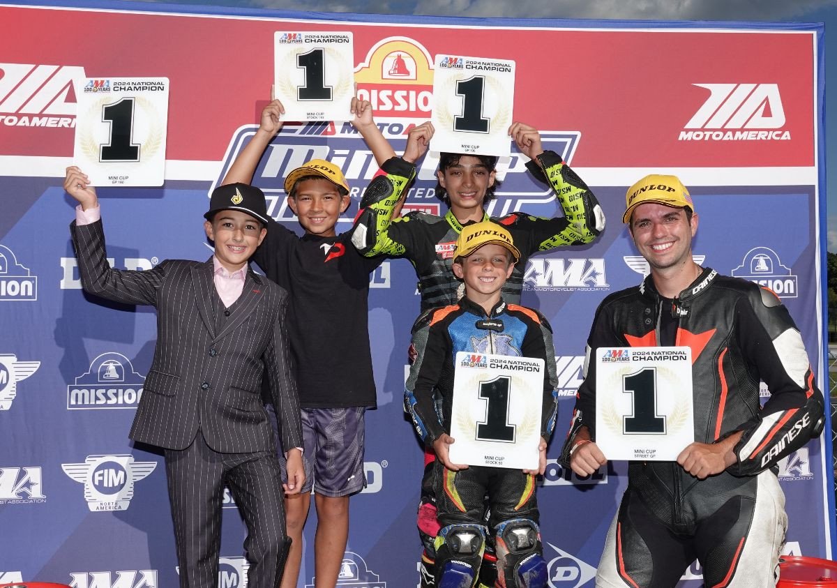 (From left to right) We proudly present your 2024 Mission Foods MotoAmerica Mini Cup By Motul National Champions Jase Dill (GP 160 Champion); Gabriel Datis (Stock 110 Champion); Mahdi Salem (GP 190 Champion); Chase Jazikoff (Stock 50 Champion) and Cameron Jones (Street GP Champion). Photo by Larry Lawrence, courtesy MotoAmerica.