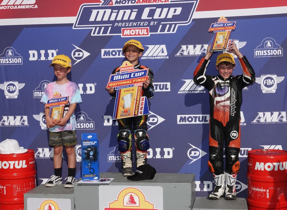 (From left to right) The Stock 50 podium featured Cruise Texter, class champion Chase Jazikoff and Bron Macanga. Photo by Larry Lawrence, courtesy MotoAmerica.