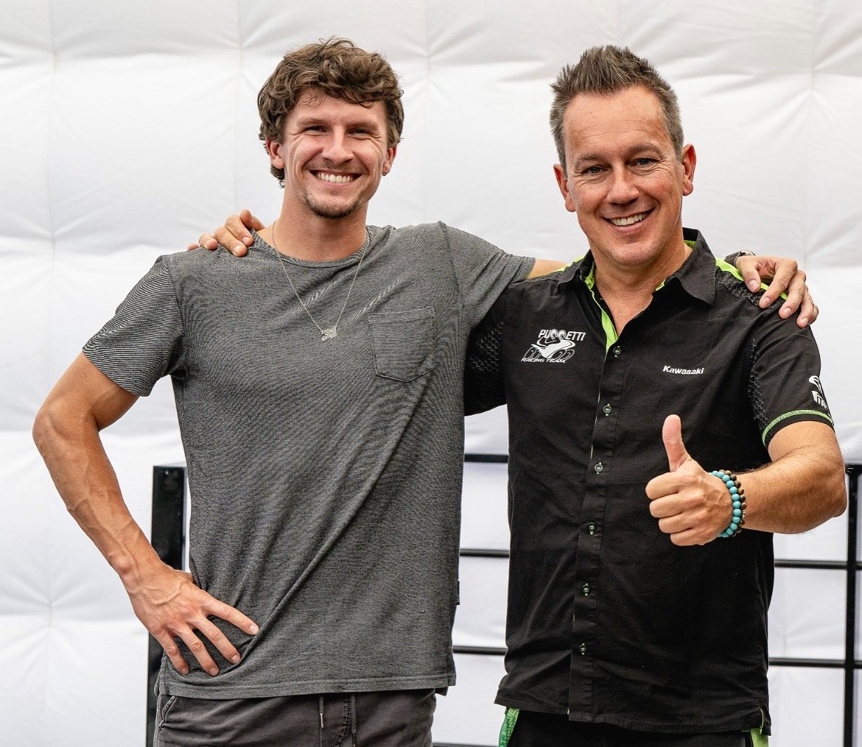 American Garrett Gerloff (left) with Puccetti Racing Team Owner Manuel Puccetti (right), Photo courtesy Kawasaki Motors Europe.