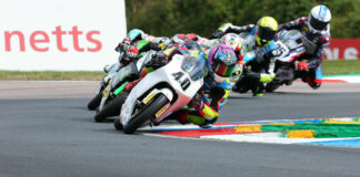 American Julian Correa (40) leads the field at Thruxton Circuit. Photo courtesy BTC.