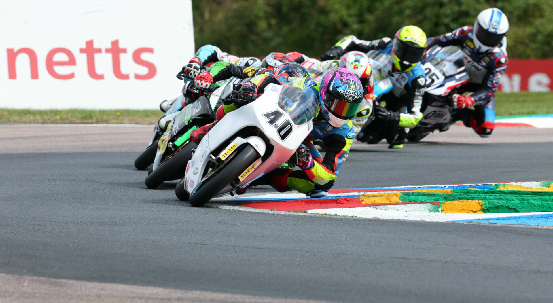 American Julian Correa (40) leads the field at Thruxton Circuit. Photo courtesy BTC.