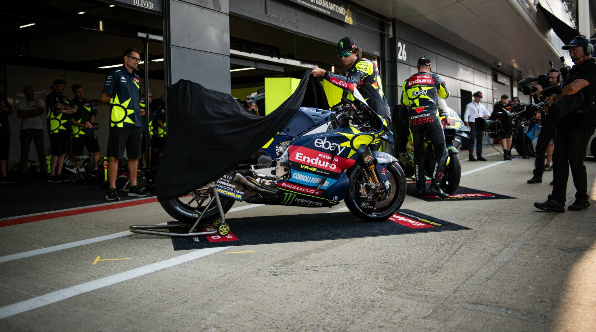 The Pertamina Enduro VR46 Racing Team prepare to unveil their special livery on pit lane at Silverstone. Photo courtesy VR46 Racing Team.