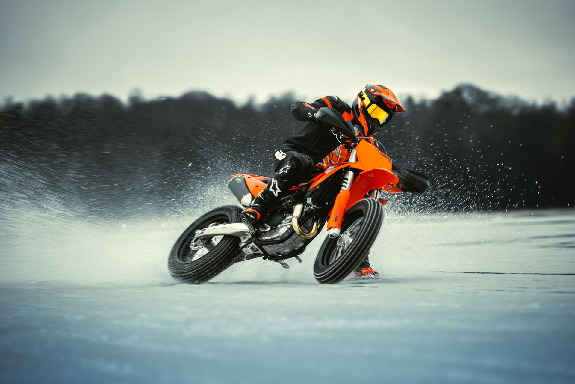 A 2025 KTM 450 SMR, equipped with spiked tires, undergoing testing on the ice in Sweden. Photo courtesy KTM.