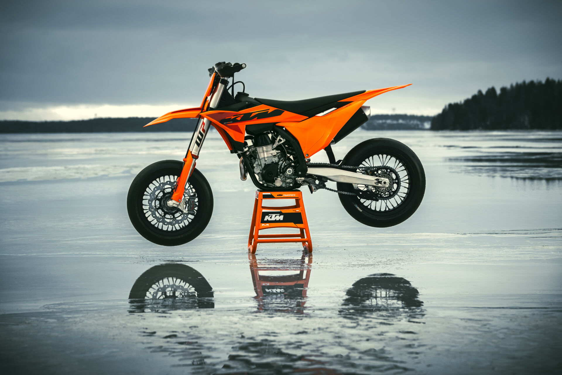 The left side of a 2025 KTM 450 SMR at rest. Photo courtesy KTM.