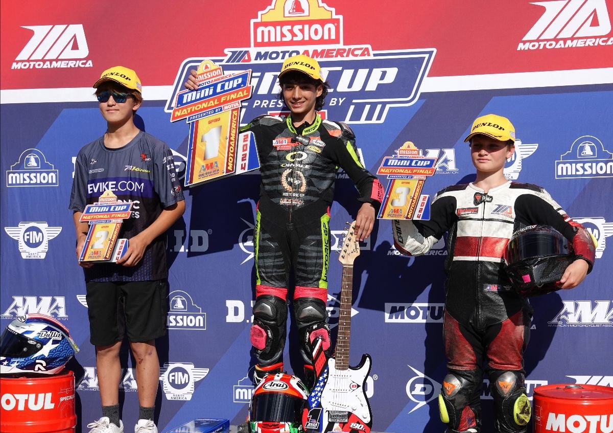 (Left to right) The top GP 190 riders on the weekend with second-placed Kensei Matsudaira, champion Mahdi Salem and third-placed Williams Dalu. Photo by Larry Lawrence, courtesy MotoAmerica.