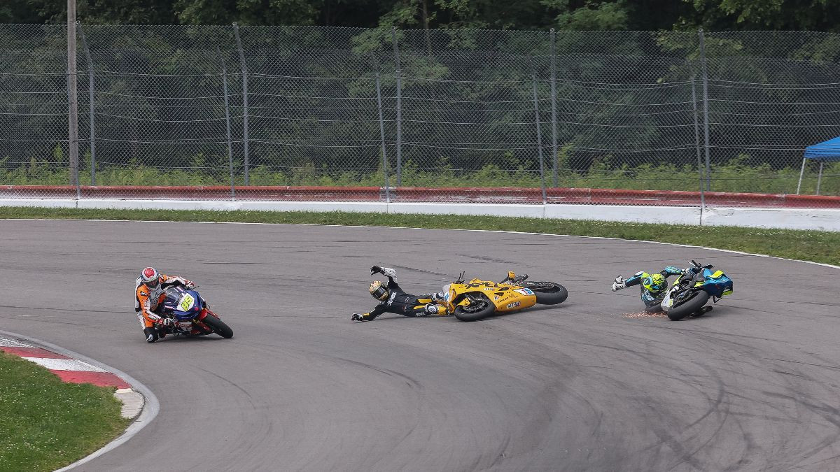 In the first start of the Supersport race, both PJ Jacobsen and Mathew Scholtz crashed in oil, bringing out the red flag and a complete restart hours later. Photo by Brian J. Nelson.