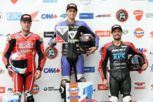 Round 6 BS Battery Pole Position Award podium from Shannonville Motorsport Park (from left): Ben Young, Alex Dumas, and Sam Guerin. Photo by Rob O'Brien, courtesy CSBK.