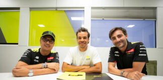 Franco Morbidelli (center) with VR46 Racing Team Director Alessio "Uccio" Salucci (left) and VR46 Racing Team Team Manager Pablo Nieto (right). Photo courtesy VR46 Racing Team.