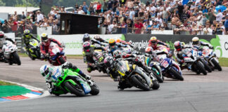 Max Cook (30) leads the British Superbike field Sunday at Thruxton. Photo courtesy MSVR.