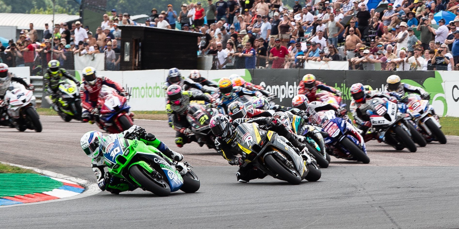 Max Cook (30) leads the British Superbike field Sunday at Thruxton. Photo courtesy MSVR.