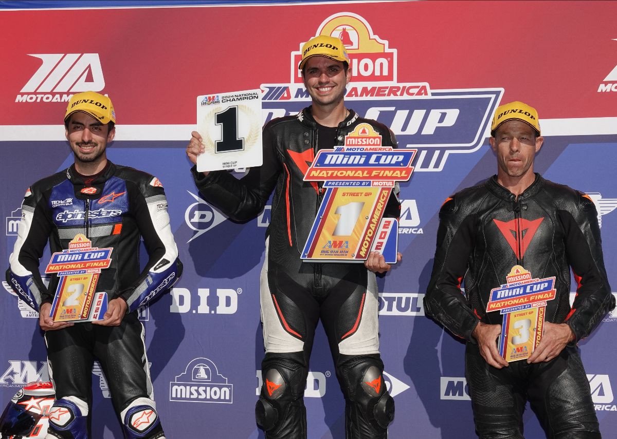 Street GP Champion Cameron Jones is flanked by runner-up Joshua Rodriguez and third-place finisher Shawn Bandel. Photo by Larry Lawrence, courtesy MotoAmerica.