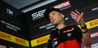 Alvaro Bautista speaking to the media Thursday at Algarve International Circuit, in Portimao, Portugal. Photo courtesy Dorna.