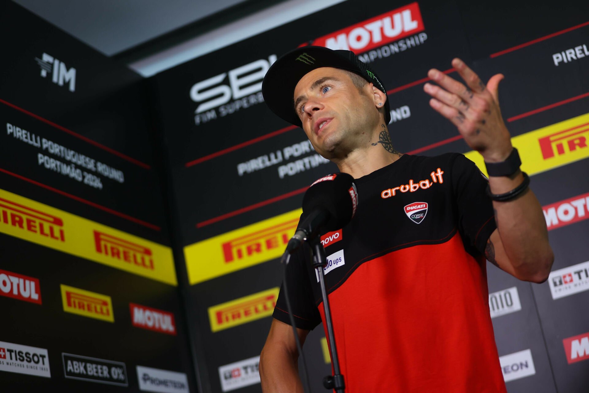 Alvaro Bautista speaking to the media Thursday at Algarve International Circuit, in Portimao, Portugal. Photo courtesy Dorna.