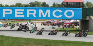 The start of MotoAmerica RSD Mission Super Hooligan Race Two at Mid-Ohio with Travis Wyman (10) and Troy Herfoss (17) contesting the early lead. Photo by Brian J. Nelson.