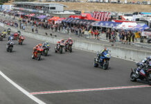 Cameron Beaubier (6) leads the start of MotoAmerica Superbike Race One at WeatherTech Raceway Laguna Seca in July 2023. Photo by Brian J. Nelson.