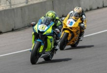 This is what the 2024 MotoAmerica Supersport Series looks like: Mathew Scholtz (11) vs. PJ Jacobsen (15) going back and forth in their private battle for the championship. Photo by Brian J. Nelson, courtesy MotoAmerica.