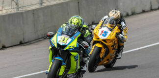 This is what the 2024 MotoAmerica Supersport Series looks like: Mathew Scholtz (11) vs. PJ Jacobsen (15) going back and forth in their private battle for the championship. Photo by Brian J. Nelson, courtesy MotoAmerica.