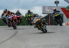 Sam Guerin (418) leads Cody Gilmore (374), Jake Masters (51), and the rest of the field at the start of a BRL race at Canadian Tire Motorsport Park. Photo courtesy Bagger Racing League (BRL).