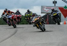 Sam Guerin (418) leads Cody Gilmore (374), Jake Masters (51), and the rest of the field at the start of a BRL race at Canadian Tire Motorsport Park. Photo courtesy Bagger Racing League (BRL).