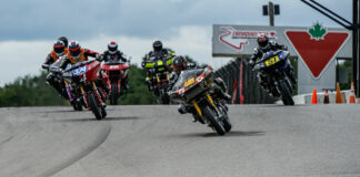 Sam Guerin (418) leads Cody Gilmore (374), Jake Masters (51), and the rest of the field at the start of a BRL race at Canadian Tire Motorsport Park. Photo courtesy Bagger Racing League (BRL).