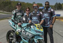 Wolfe Racing Team (from left) Ryan Wolfe, Erika Wolfe, David Wolfe, and crew chief Dakari Harris. Photo by Highside Photo, courtesy Wolfe Racing Team.