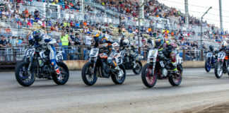 Dallas Daniels (32) leads Davis Fisher (behind Daniels), Briar Bauman (3), Jared Mees (1), and the rest of the AFT Mission SuperTwins field off the line at Springfield in 2023. Photo by Tim Lester.