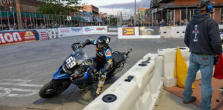 Sammy Halbert (69) on his way to victory in the inaugural AFT AdventurerTrackers race at the Sturgis TT. Photo by Tim Lester, courtesy Triumph.