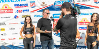 Grand Marshal Richard Rawlings being interviewed during the opening ceremonies at the Black Hills Half-Mile. Photo by Tim Lester, courtesy AFT.