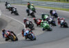 Eventual winner Alex Dumas (23) leads the GP Bikes Pro Superbike field through turn one at the start of Saturday's race one at Canadian Tire Motorsport Park. Ben Young (1) worked his way from ninth on the grid to finish second ahead of Sam Geurin (2). Photo by Rob O'Brien, courtesy CSBK.