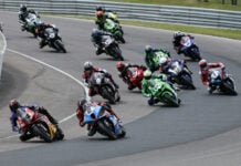 Eventual winner Alex Dumas (23) leads the GP Bikes Pro Superbike field through turn one at the start of Saturday's race one at Canadian Tire Motorsport Park. Ben Young (1) worked his way from ninth on the grid to finish second ahead of Sam Geurin (2). Photo by Rob O'Brien, courtesy CSBK.