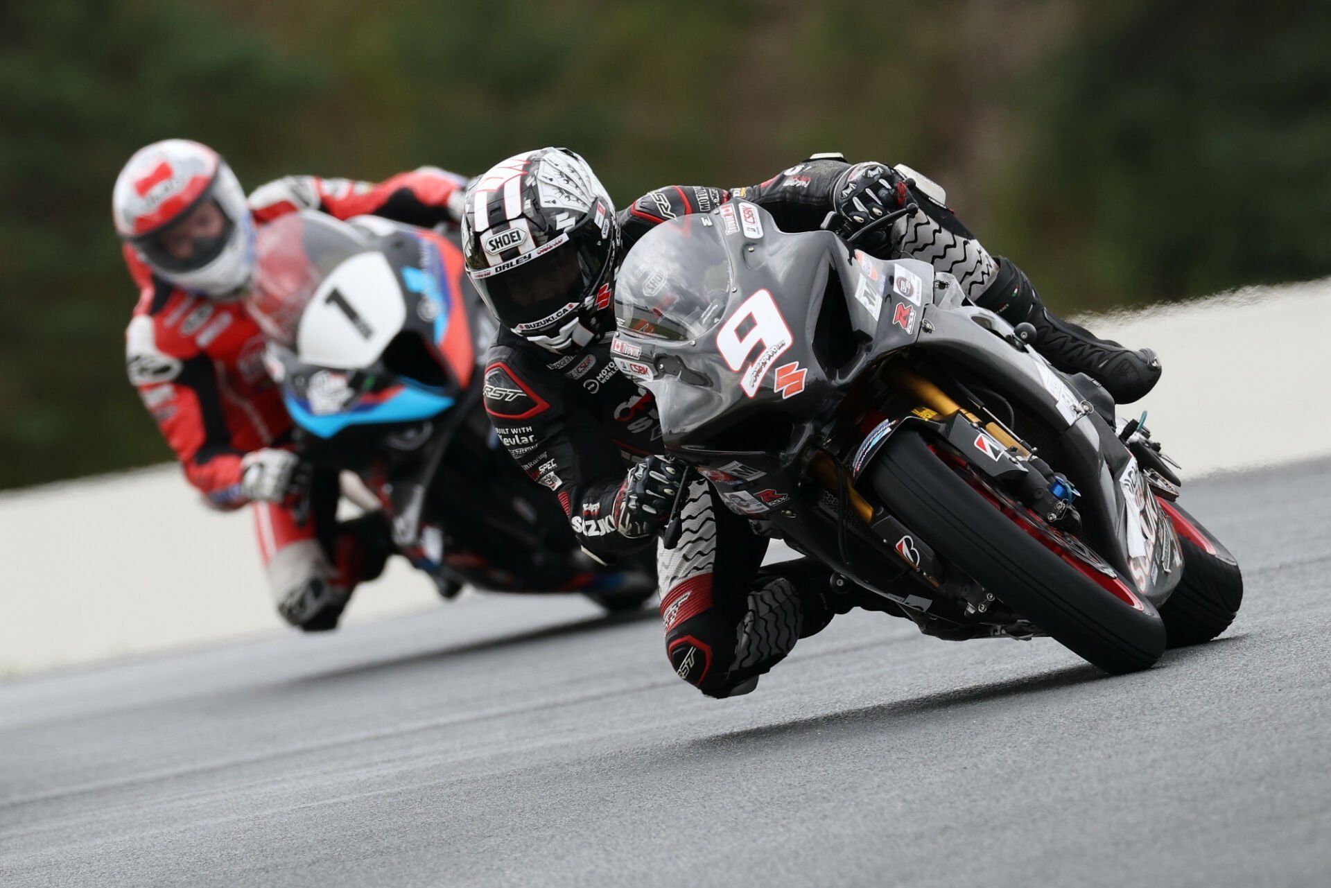 Two wins for Trevor Daley (9) on Sunday at Canadian Tire Motorsport Park - The Suzuki rider won Pro Sport Bike earlier in the day before also taking the Superbike victory in challenging conditions over Ben Young (1). Photo by Rob O'Brien, courtesy CSBK.