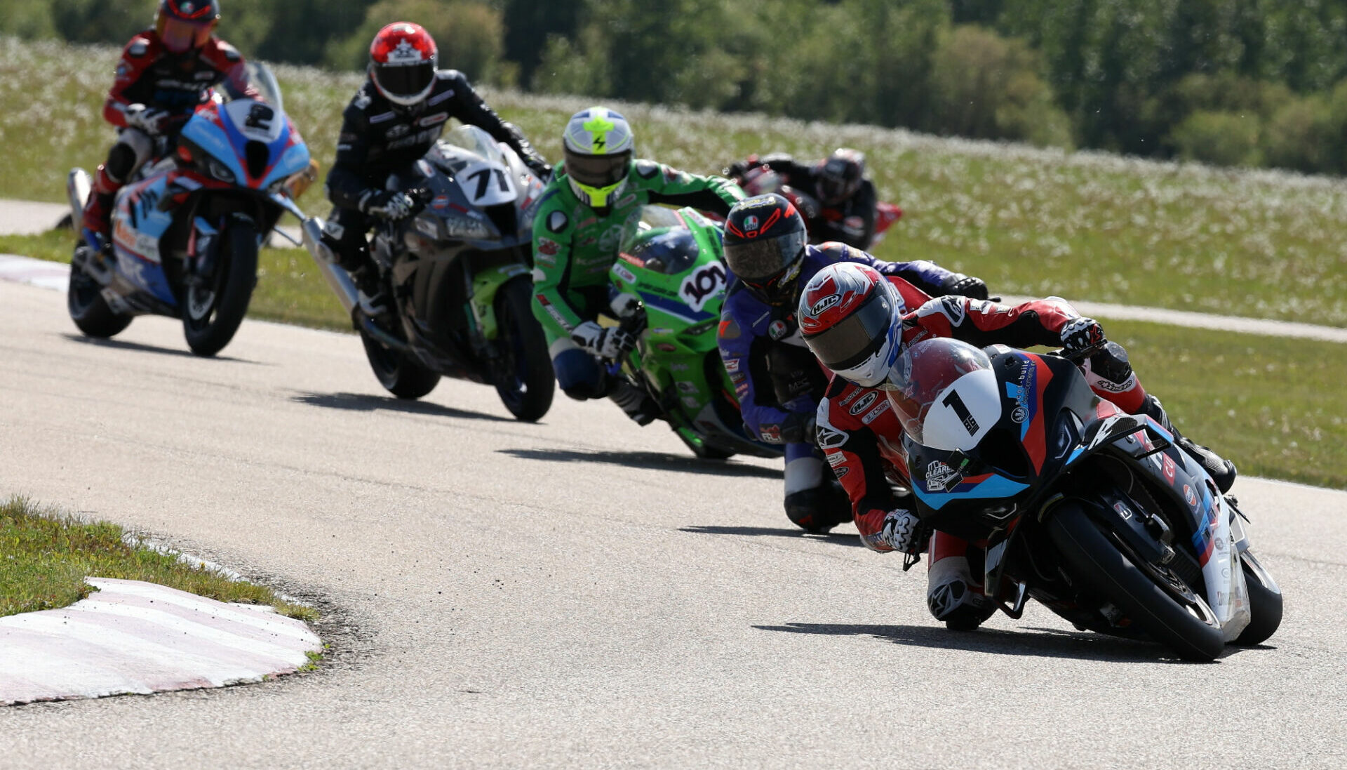 Ben Young (1) will have the usual suspects and a few more to contend with at Canadian Tire Motorsport Park this weekend as he tries to secure his fourth CSBK championship. Pictured behind Young are four of his closest challengers for round five - Alex Dumas, Jordan Szoke (101), Torin Collins (71), and Sam Guerin (2). Photo by Rob O'Brien, courtesy CSBK.