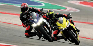 Keith Culver and Robertino "Tino" Pietri riding during an Aprilia Racers Day Track Day/RideSmart Motorcycle School event at COTA. Photo by Patrick Strzelecki/Aprilia.