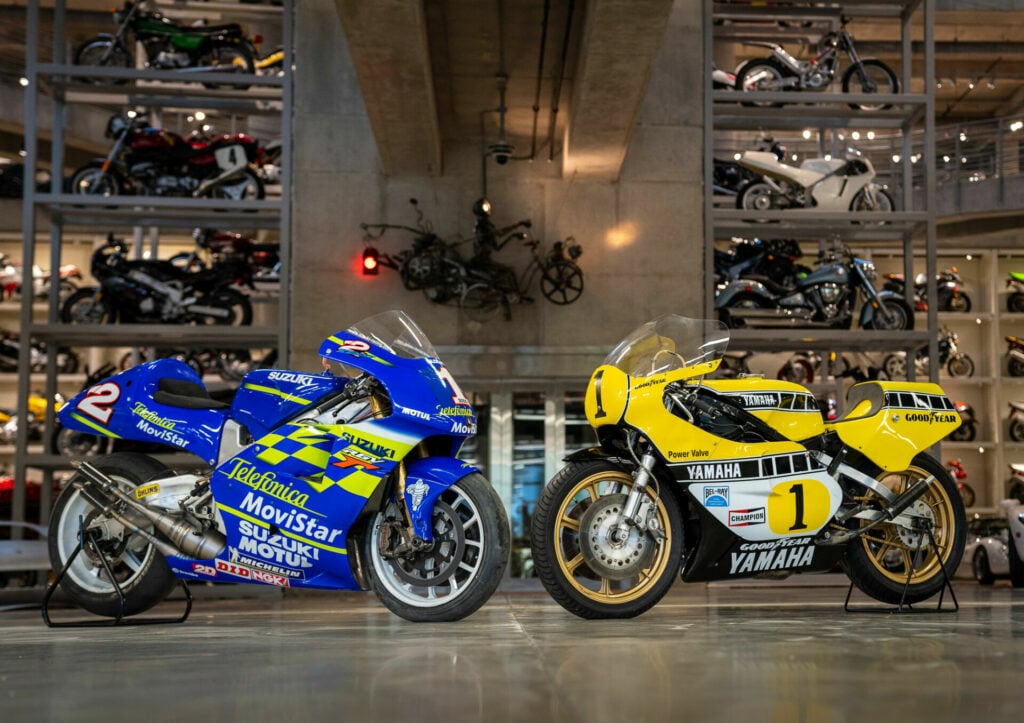 Kenny Lee Roberts' 2000 World Championship-winning Suzuki RGV500 (left) and "King Kenny" Roberts' 1980 World Championship-winning Yamaha YZR500 (right) in the Barber Vintage Motorsports Museum. Photo courtesy Barber Vintage Motorsports Museum.