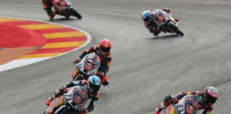 Alvaro Carpe (83) leads, Valentin Perrone (73), Brian Uriarte (51), Rico Salmela (27) and Ruché Moodley (11) at MotorLand Aragon. Photo courtesy Red Bull.