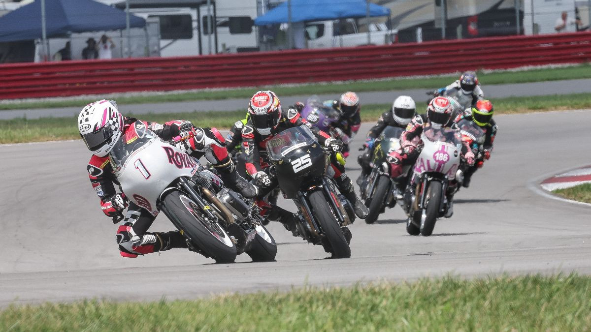 Mikayla Moore (1) won race one of the Royal Enfield Build. Train. Race. class to earn her second straight championship. Photo by Brian J. Nelson.