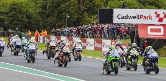 Kyle Ryde (77) and Jason O'Halloran (22) lead the field off the start of Race One Sunday at Cadwell Park. Photo courtesy MSVR.