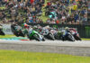 Jason O'Halloran (22) leads the field early in British Superbike Race One at Thruxton. Photo courtesy MSVR.