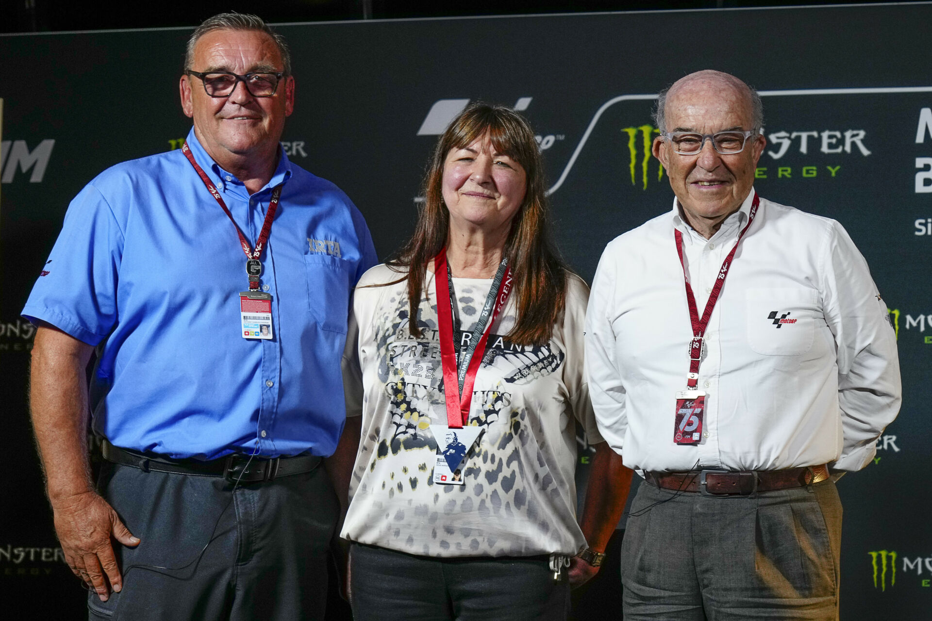 (From left) IRTA Security Manager Tony Congram, Irene Trimby, and Dorna CEO Carmelo Ezpeleta. Photo courtesy Dorna. 