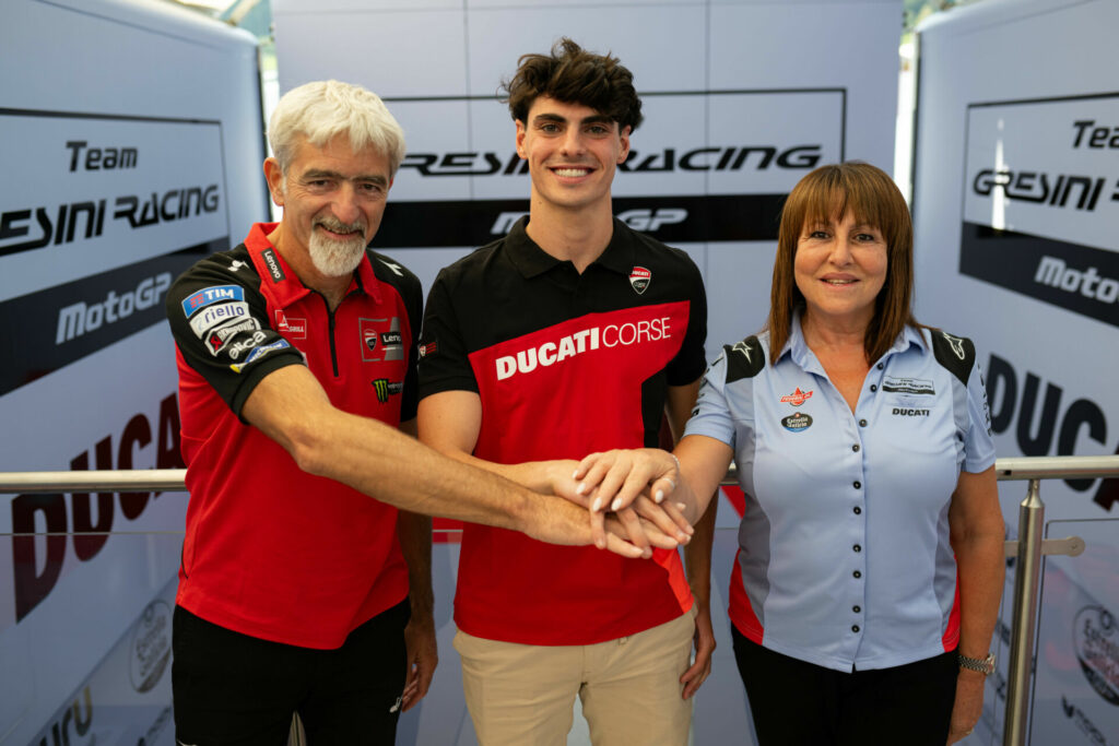 (From left) Luigi "Gigi" Dall'Igna, Ducati Corse General Manager; Fermin Aldeguer; and Nadia Padovani, Gresini Racing Team Owner. Photo courtesy Gresini Racing.