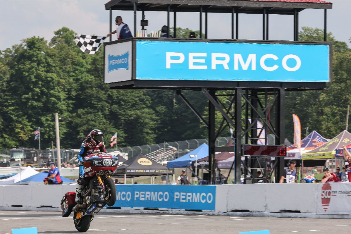 Troy Herfoss (17) wheelies his way across the finish line after winning the Mission King Of The Baggers race on Saturday at Mid-Ohio. Photo by Brian J. Nelson.