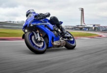 The 2025 Yamaha YZF-R1 comes with new KYB front forks, new Brembo front brakes, and new carbon-fiber aerodynamic wings. Photo courtesy Yamaha Motor Corp., U.S.A.