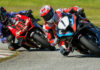 Last lap action as Ben Young (1) leads Alex Dumas (23) through the last corner at Shannonville Motorsport Park to take the win in the final GP Bikes Pro Superbike race of the 2024 CSBK season. Photo by Ron Scheffler, courtesy CSBK.