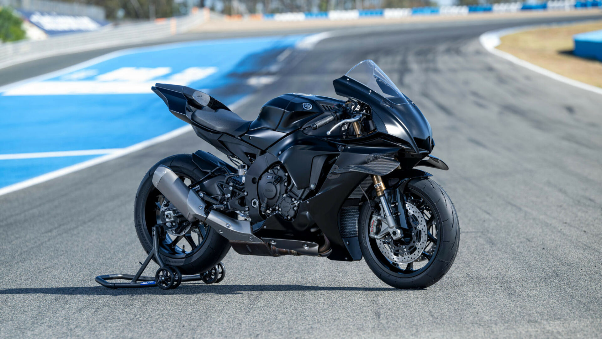 The 2025 Yamaha YZF-R1 RACE is essentially a YZF-R1 stripped of all its street hardware like lights and turn signals that is sold for track-use only. Photo courtesy Yamaha Motor Europe.