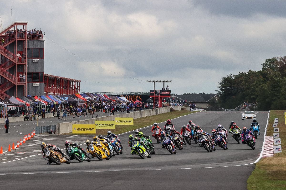 Corey Alexander (23) got the jump on the Supersport pack into turn one at NJMP on Saturday. Photo by Brian J. Nelson.