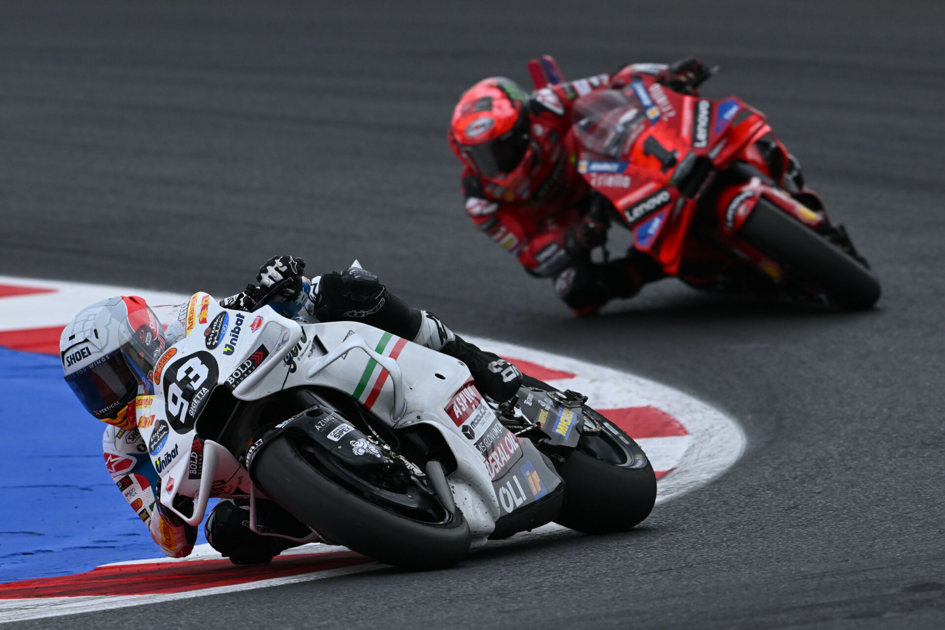 Marc Marquez (93) leads Francesco Bagnaia (1) during Sunday's MotoGP race at Misano. Photo courtesy Dorna.