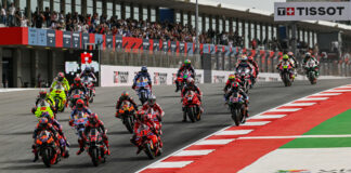 The start of a MotoGP race at Algarve International Circuit, in Portugal. Photo courtesy Dorna.